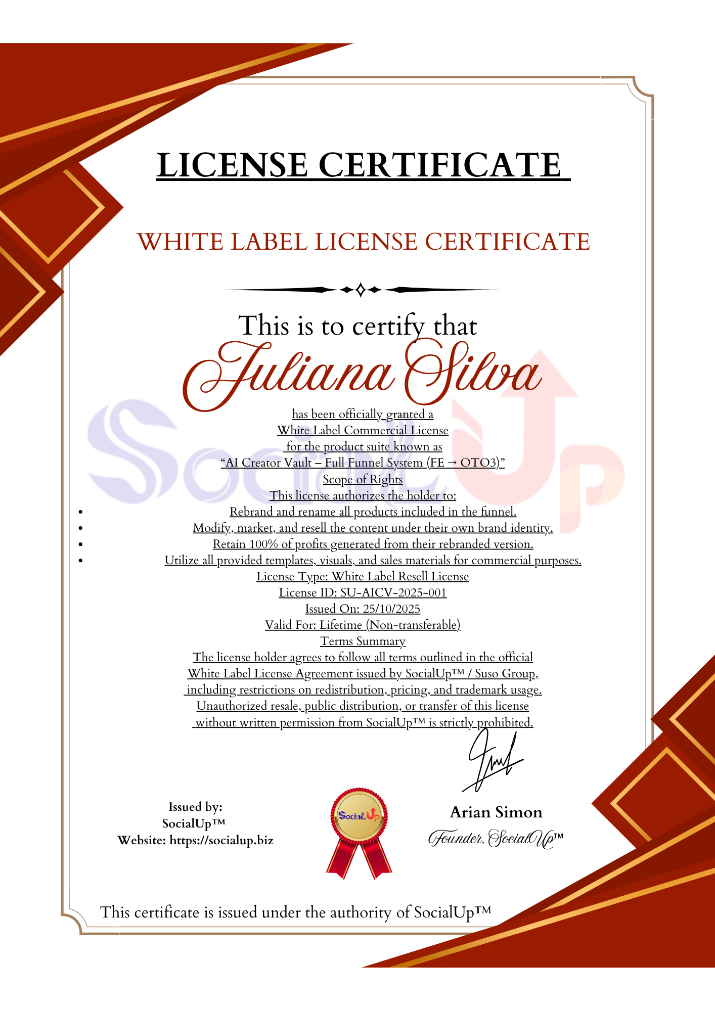White Label License Certificate